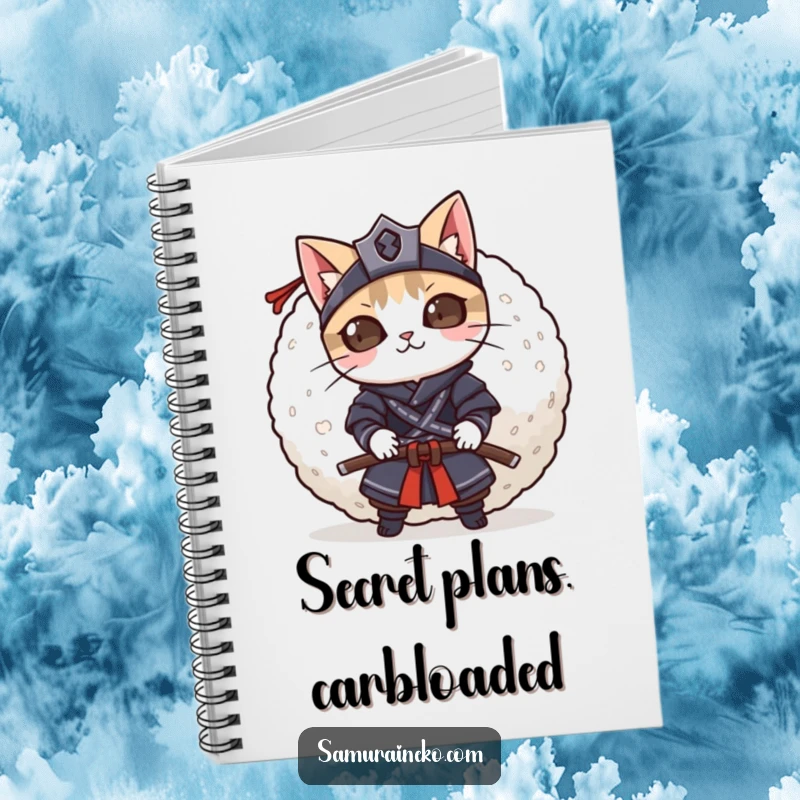 Funny mischievous cat samurai peeking from behind a giant rice ball, this notebook is for capturing playful secrets.