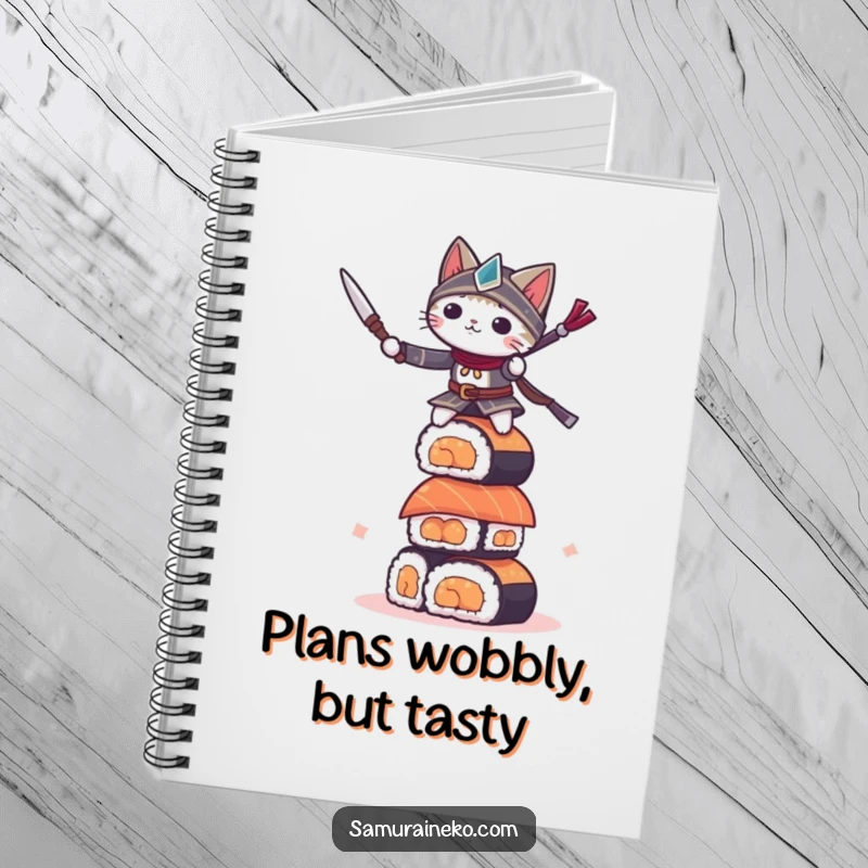 Funny small cat warrior balancing on a sushi tower, this notebook is for capturing strategic thoughts and epic ideas.
