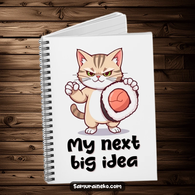 Funny notebook with a fierce yet cute kitty striking a dramatic pose with a comically oversized sushi roll, for jotting down notes.