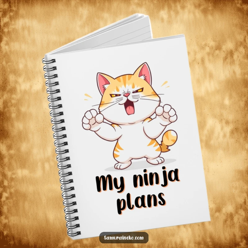 Funny notebook cover featuring a mischievous cat with a determined expression, practicing swift paw strikes, inspiring focused and strong writing.