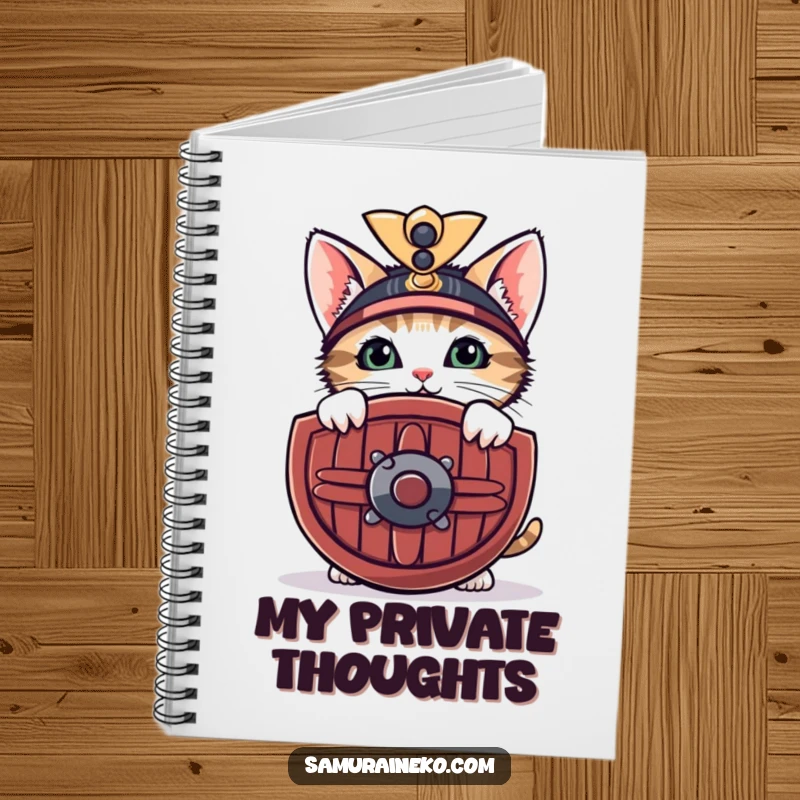 Funny notebook with a curious kitten peeking from behind a miniature samurai shield with a shy smile, for jotting down notes.