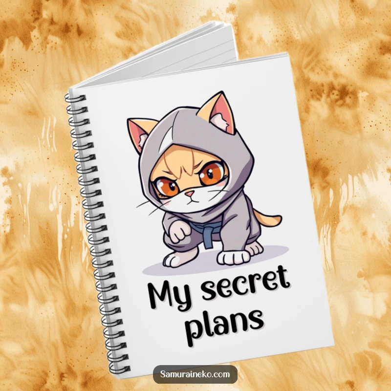 Funny cat ninja design on a notebook cover, crouched low, ready to pounce, a great funny gift.