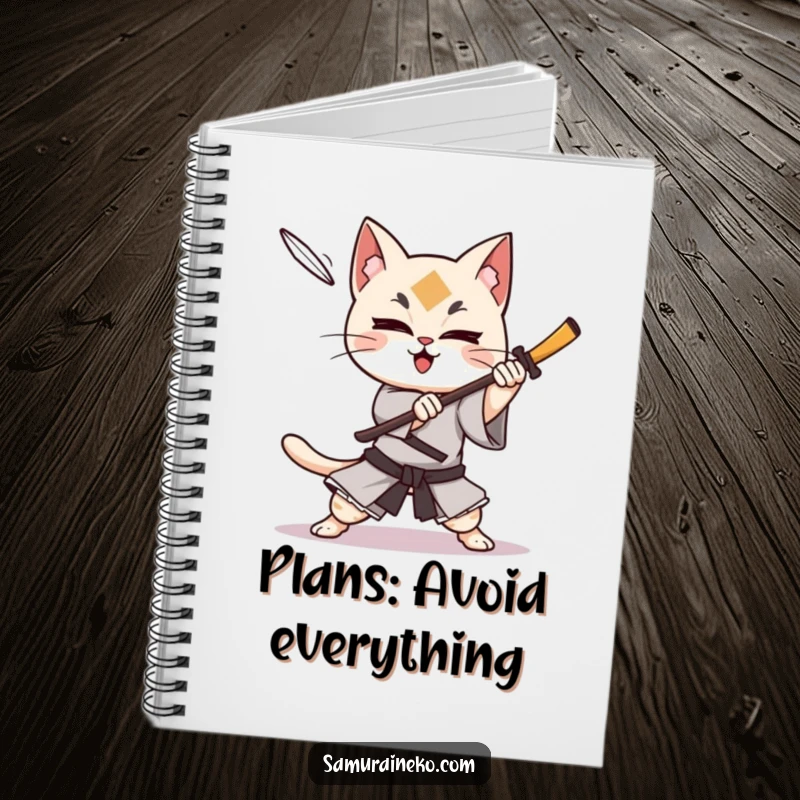 Funny cat samurai character dodging a shuriken with glee, this notebook is for capturing strategic plans and quick ideas.