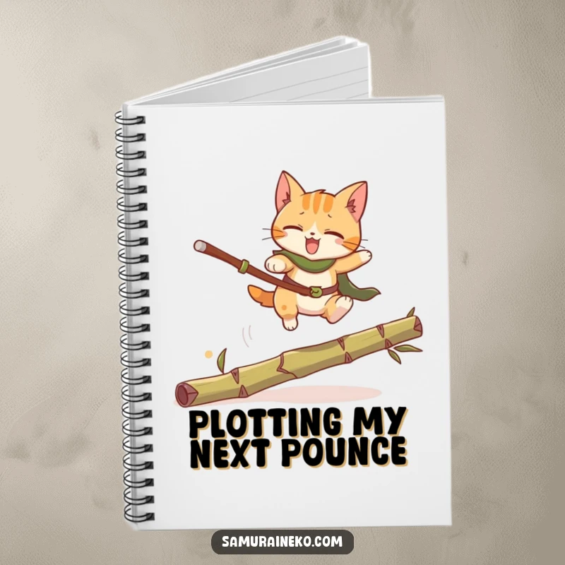 Funny Cat Warrior Notebook: A funny notebook featuring a cat warrior leaping over bamboo, perfect for notes, journaling, and creative inspiration.