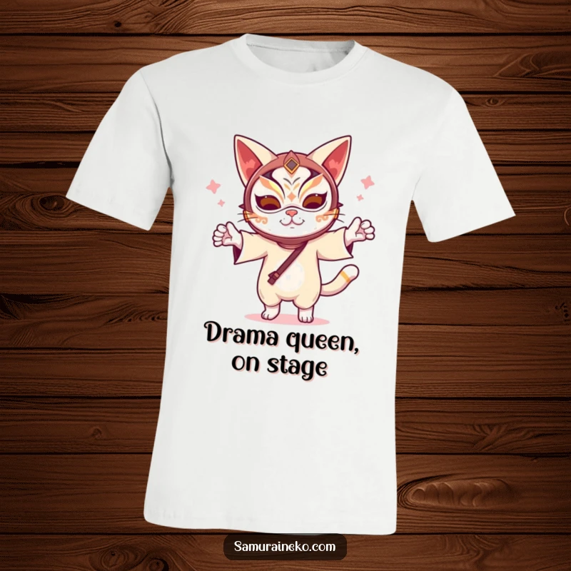 Funny Kabuki Cat T-Shirt: A humorous t-shirt featuring a cat in a traditional kabuki mask dancing joyfully, celebrating culture and playful energy.
