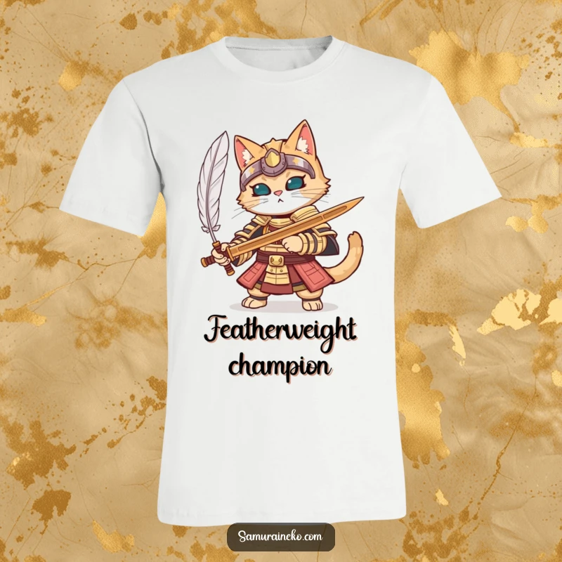 Funny cat in full samurai armor parrying a feather with a wooden sword, printed on a detailed t-shirt.