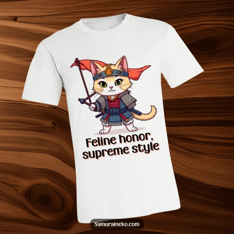Funny Samurai Cat T-Shirt showing a dramatic warrior cat in a heroic pose with a billowing banner behind it.