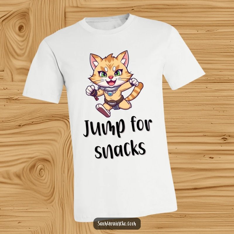 Funny cat t-shirt showing a happy warrior cat mid-leap with a determined expression, embodying energetic and humorous action.