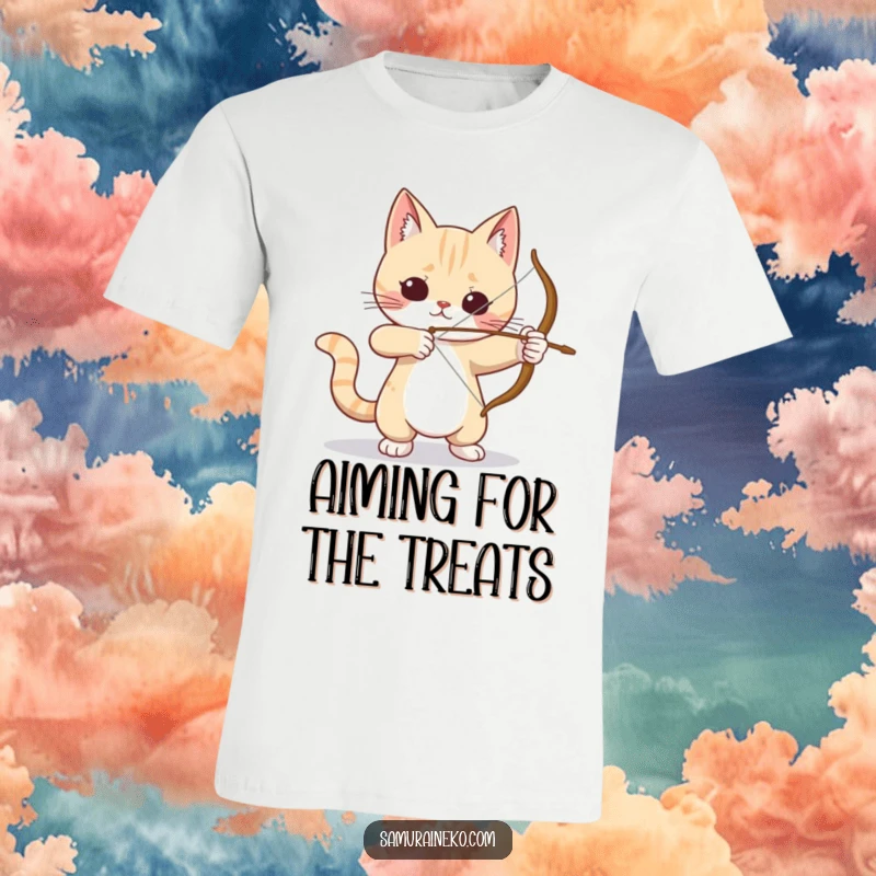Funny Cat Archer T-Shirt: A humorous depiction of a cat practicing archery with a small bow, capturing intense focus and a funny, determined spirit.