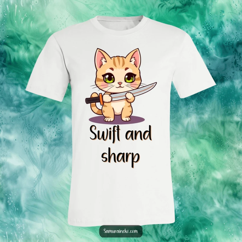 Funny Cat Katana t-shirt with a wide-eyed curious cat holding a miniature katana with great pride, exuding confidence and humor.