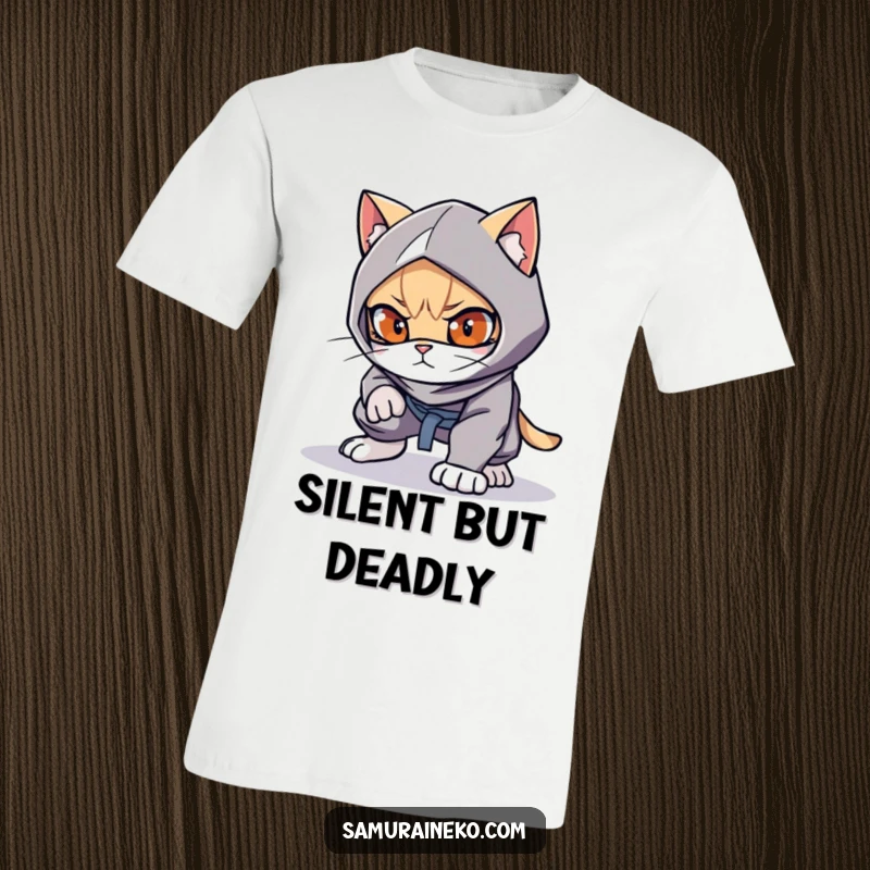 Funny cat ninja crouched low, ready to pounce with playful eyes, stealthy and cute, ideal funny gift.