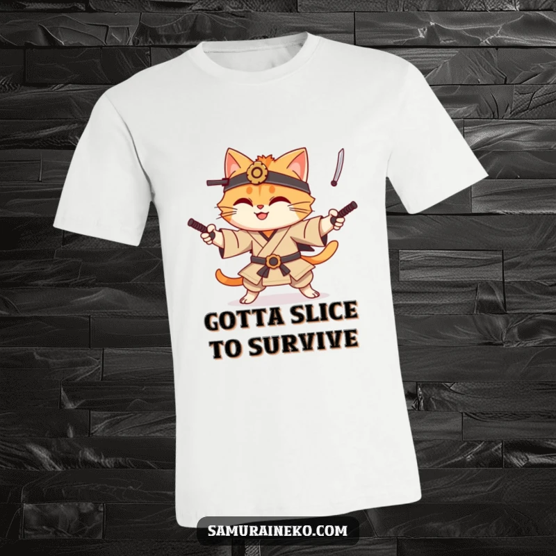 Funny cat samurai t-shirt featuring a cheerful cat warrior expertly juggling tiny katanas, showcasing a blend of martial arts and amusement.