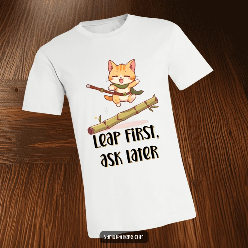 Funny Cat Warrior T-Shirt: A courageous cat warrior mid-leap over a bamboo stalk, embodying bravery and hilarious agility for a perfect gift.