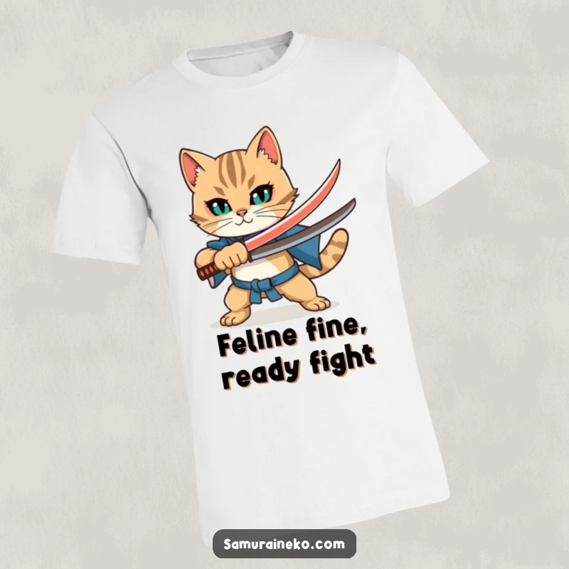 Funny Samurai Cat T-Shirt: Dapper cat in samurai gear with tiny katana, striking a confident pose, a humorous warrior statement.
