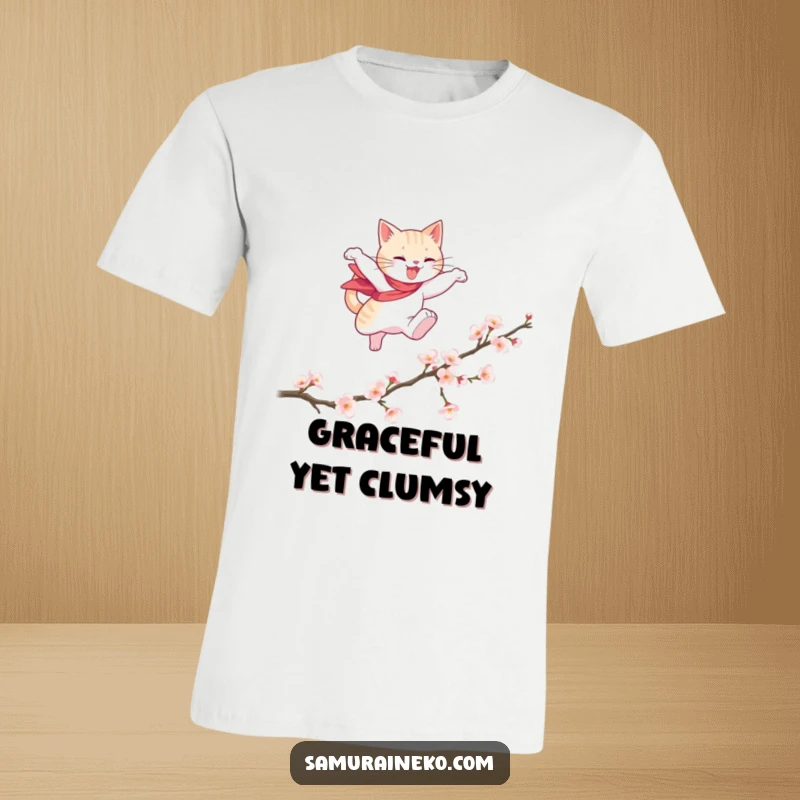 Funny t-shirt depicting a cat hero in mid-air, leaping gracefully over a fallen cherry blossom branch, embodying funny elegance.