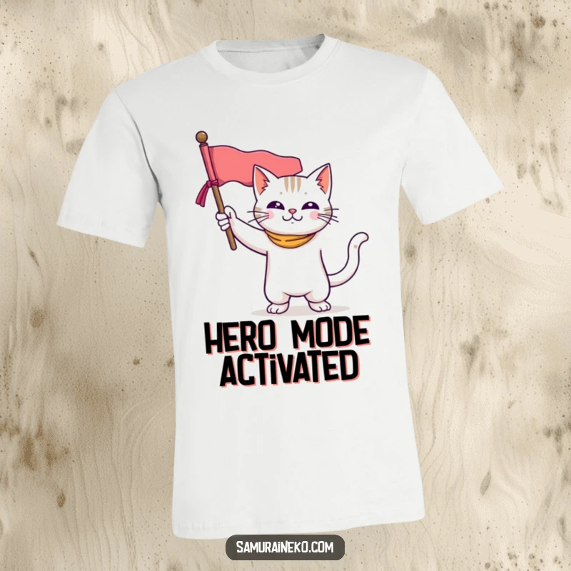 Funny t-shirt featuring a valiant cat striking a heroic pose, proudly holding a small banner high, radiating courage and amusement.