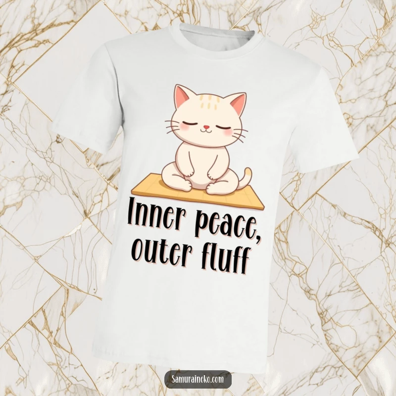 Funny Zen Cat T-Shirt: A humorous t-shirt featuring a cat meditating peacefully on a tatami mat, radiating calm and gentle humor.