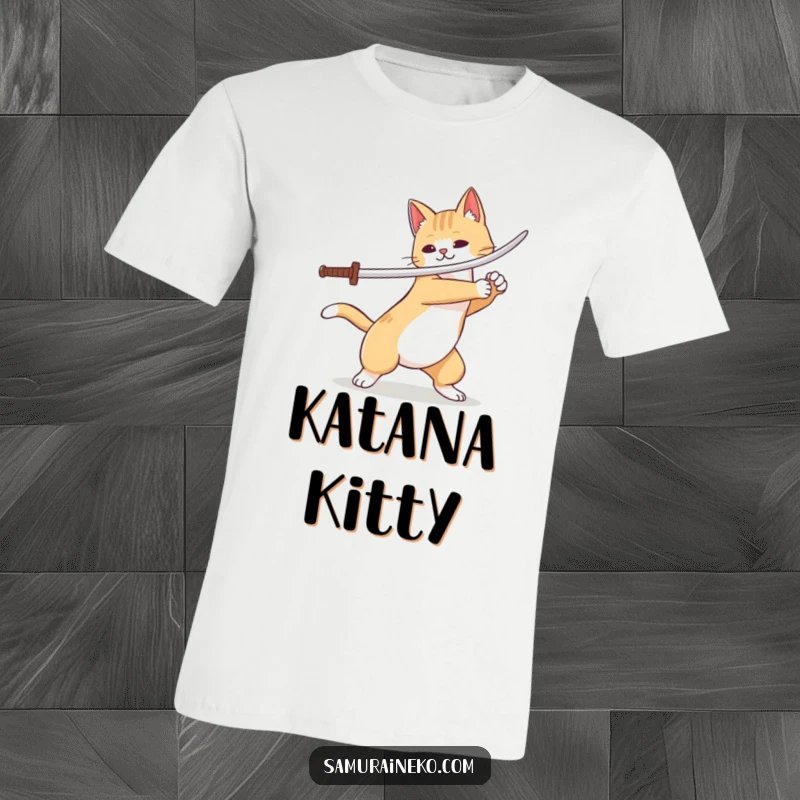 Funny cat warrior in a dynamic pose, performing a swift sword flourish with a determined yet playful expression.