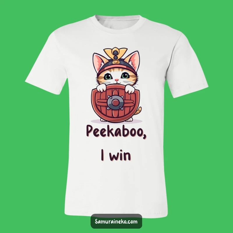 Funny Shy Samurai Kitten T-Shirt: Peek-a-Boo Feline Warrior Tee for Cute Fans