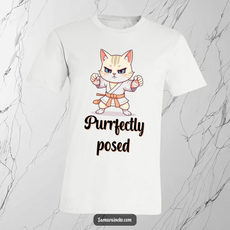 Funny cat warrior performing exaggerated, comical martial arts stances with flailing limbs on a tee shirt.