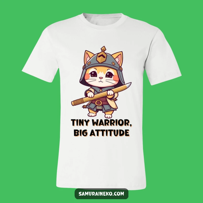 Funny Cat Warrior T-Shirt - Tiny Helmet Bamboo Sword Tee