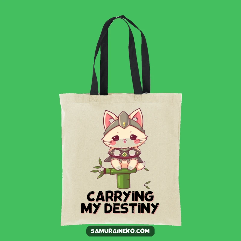 Funny Samurai Cat Tote Bag: Fluffy Warrior on Bamboo, Stylish Humorous Carryall