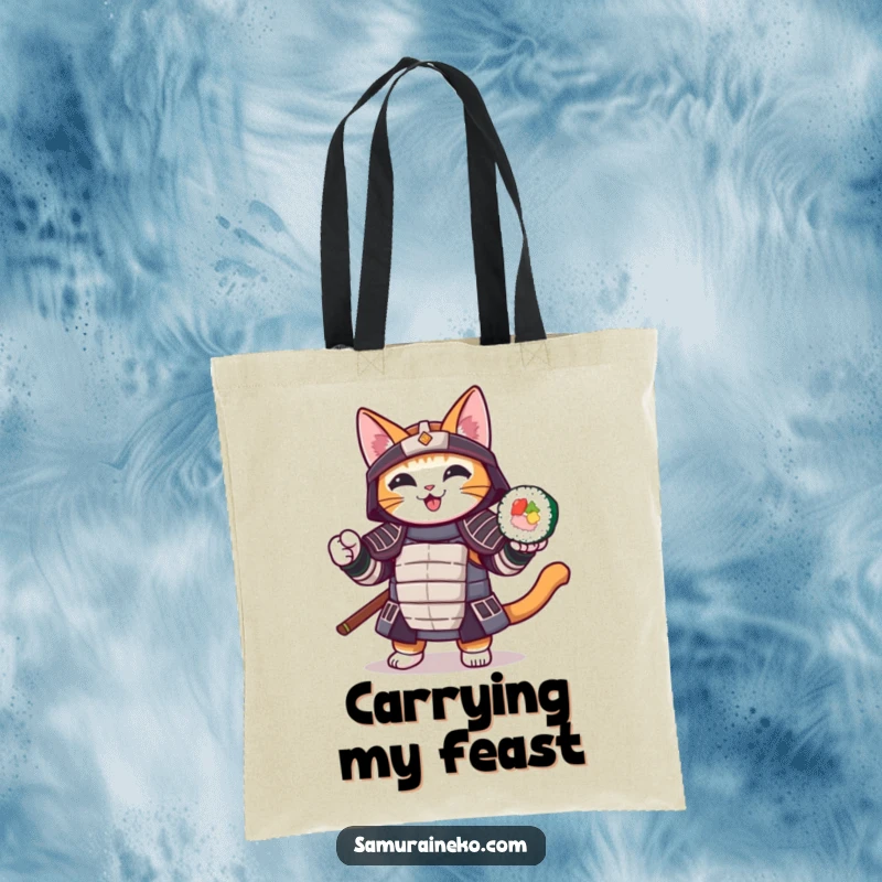 Funny tote bag with a samurai cat cheerfully brandishing a sushi roll, a humorous and stylish accessory.
