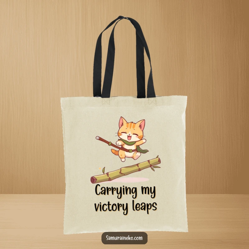 Funny Cat Warrior Tote Bag: A funny illustration of a cat warrior leaping over bamboo, perfect for carrying daily essentials with a touch of humor.