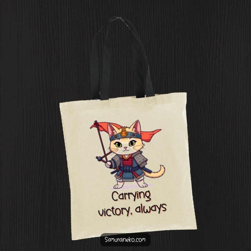 Funny Samurai Cat Tote Bag showcasing a dramatic warrior cat posing heroically with a vibrant, fluttering banner.
