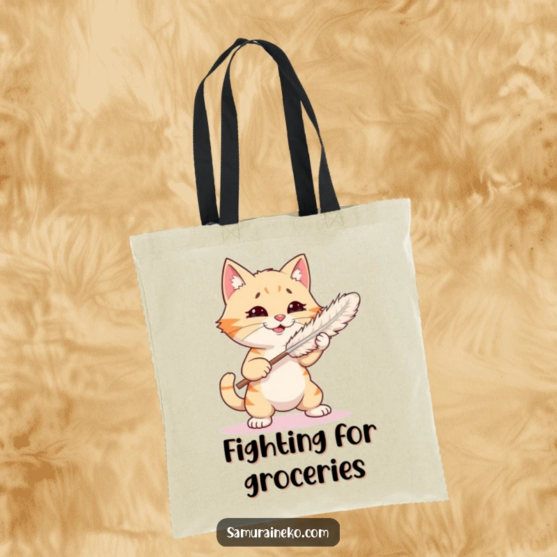 Funny tote bag featuring a cat playfully sparring with a feather duster, perfect for carrying daily items with a humorous touch.