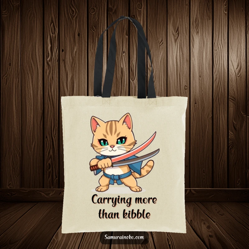 Funny Cat Katana Tote Bag: Confident cat warrior with tiny sword, ready for errands, a humorous and practical companion.