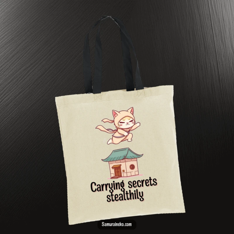 Funny tote bag with a cat ninja gracefully leaping onto a stylized rooftop, a humorous and practical accessory.