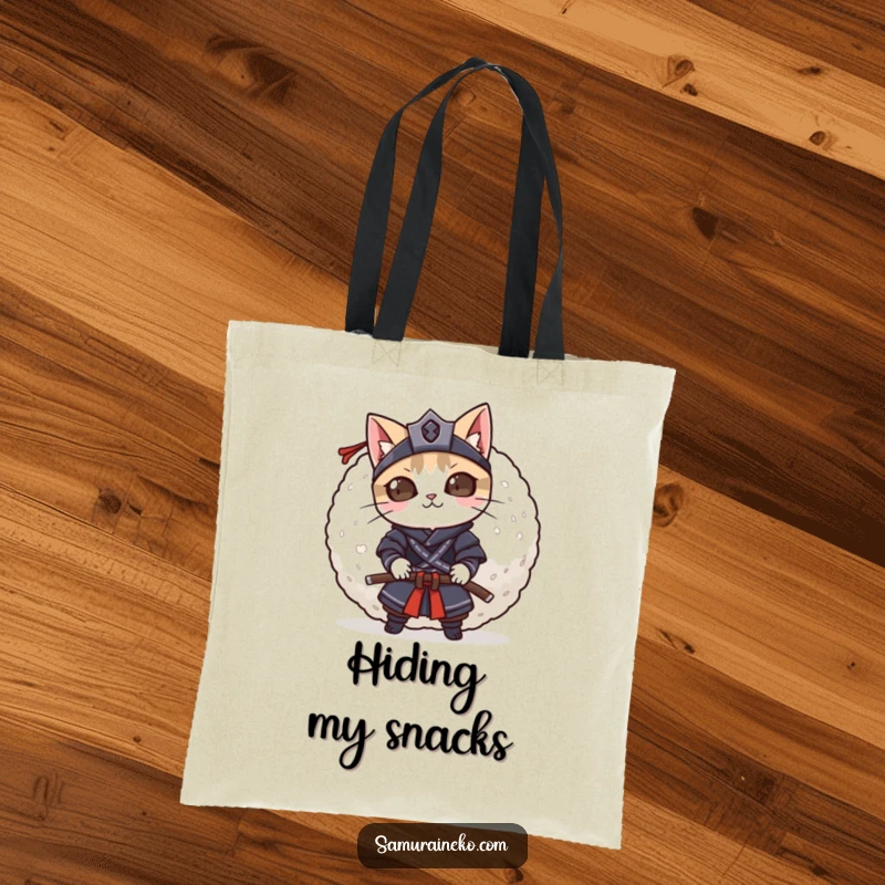 Funny mischievous cat samurai peeking from behind a giant rice ball, this tote bag is for carrying fun.