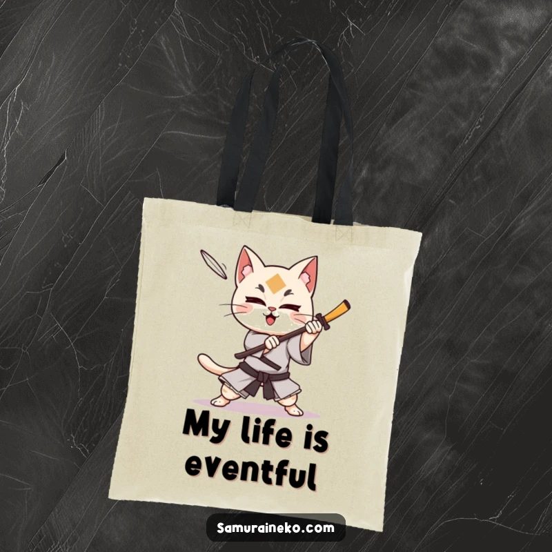 Funny cat samurai character dodging a shuriken with glee, this tote bag is for those who move with style.