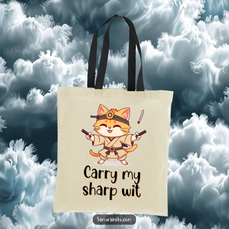 Funny cat samurai tote bag featuring a smiling cat warrior juggling tiny katanas, designed for carrying groceries or warrior essentials with humor.