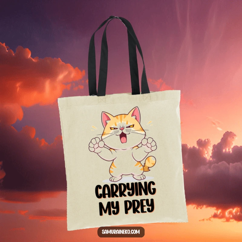 Funny tote bag featuring a mischievous cat with a determined expression, practicing swift paw strikes, symbolizing focused feline power.