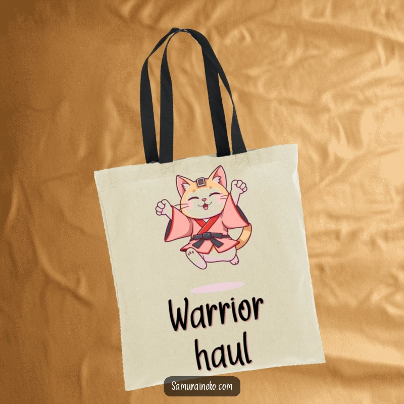 Funny cat in detailed feudal Japanese warrior attire executing a triumphant leap, featured on this stylish tote bag.