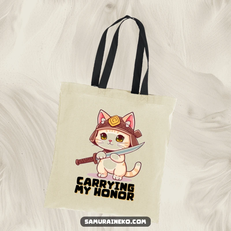 Funny cute cat in a tiny samurai helmet unsheathing a playful sword, on a practical warrior tote bag.