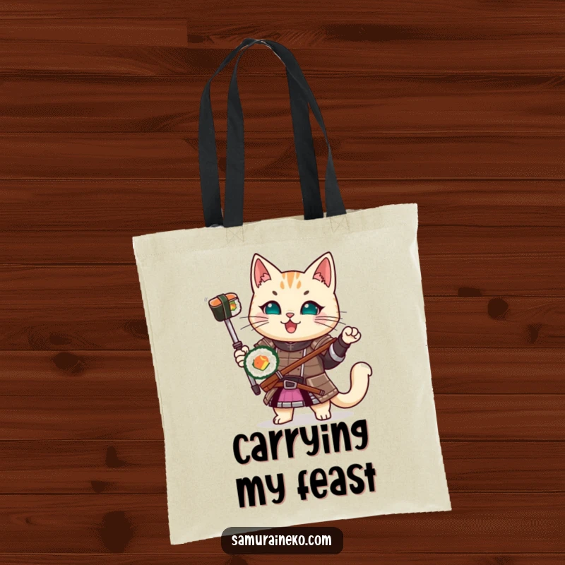 Funny Samurai Cat Tote Bag: A tote bag featuring a cat in samurai armor happily holding a sushi roll, perfect for grocery runs.