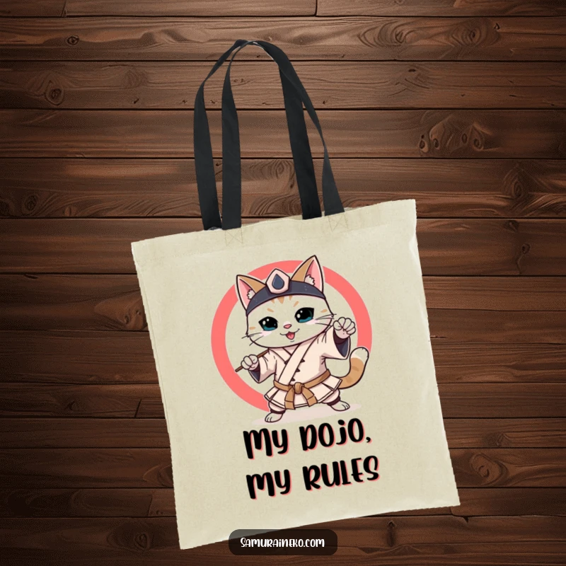 Funny Samurai Cat Tote Bag: Smiling cat in samurai outfit, performing martial arts moves, a humorous and functional carry-all.