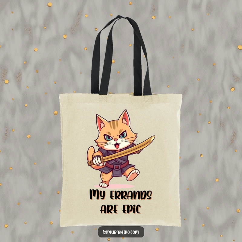 Funny determined cat warrior charging forward with a bamboo sword, this tote bag is for carrying purpose.