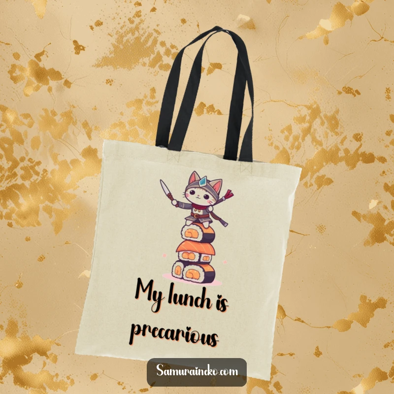 Funny small cat warrior balancing on a sushi tower, this tote bag is for those who carry their challenges with humor.