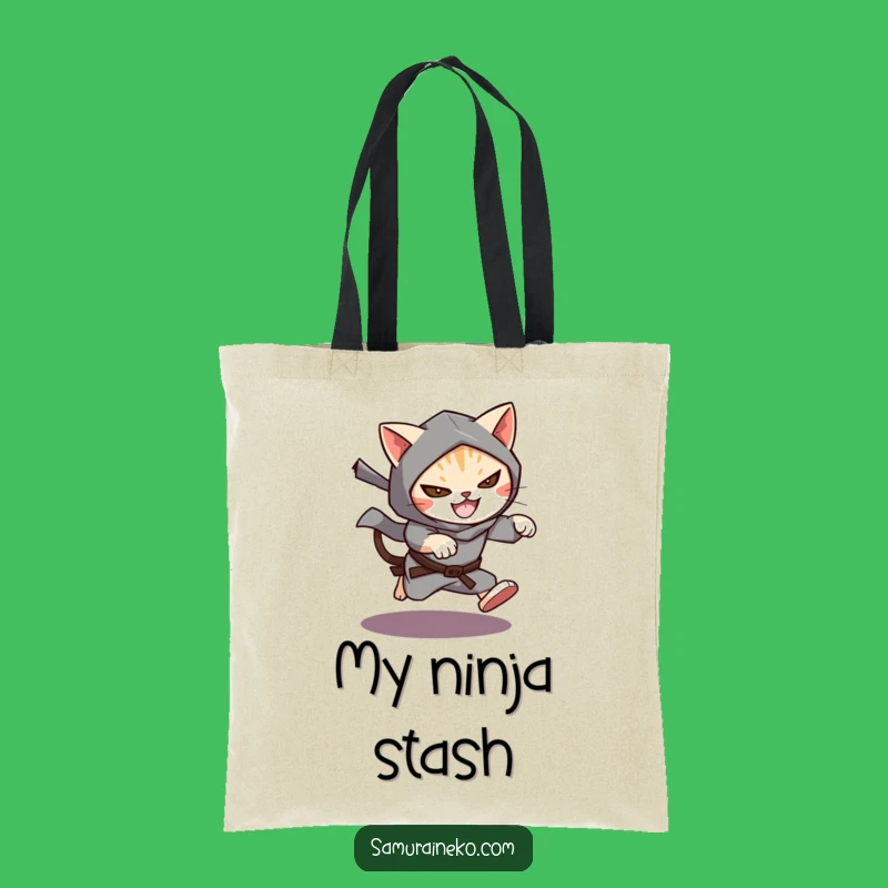 Carry your belongings with a hint of mystery using this funny cat ninja tote bag. A functional and funny gift for the agile.